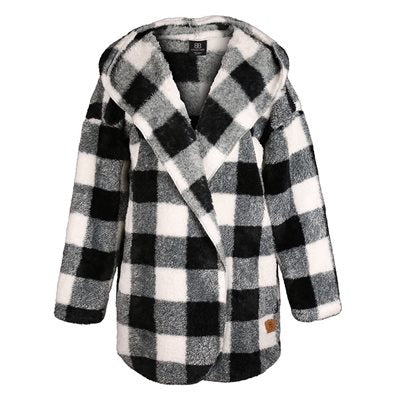 Women's Fluffy Sherpa Sweater - Black/White Plaid