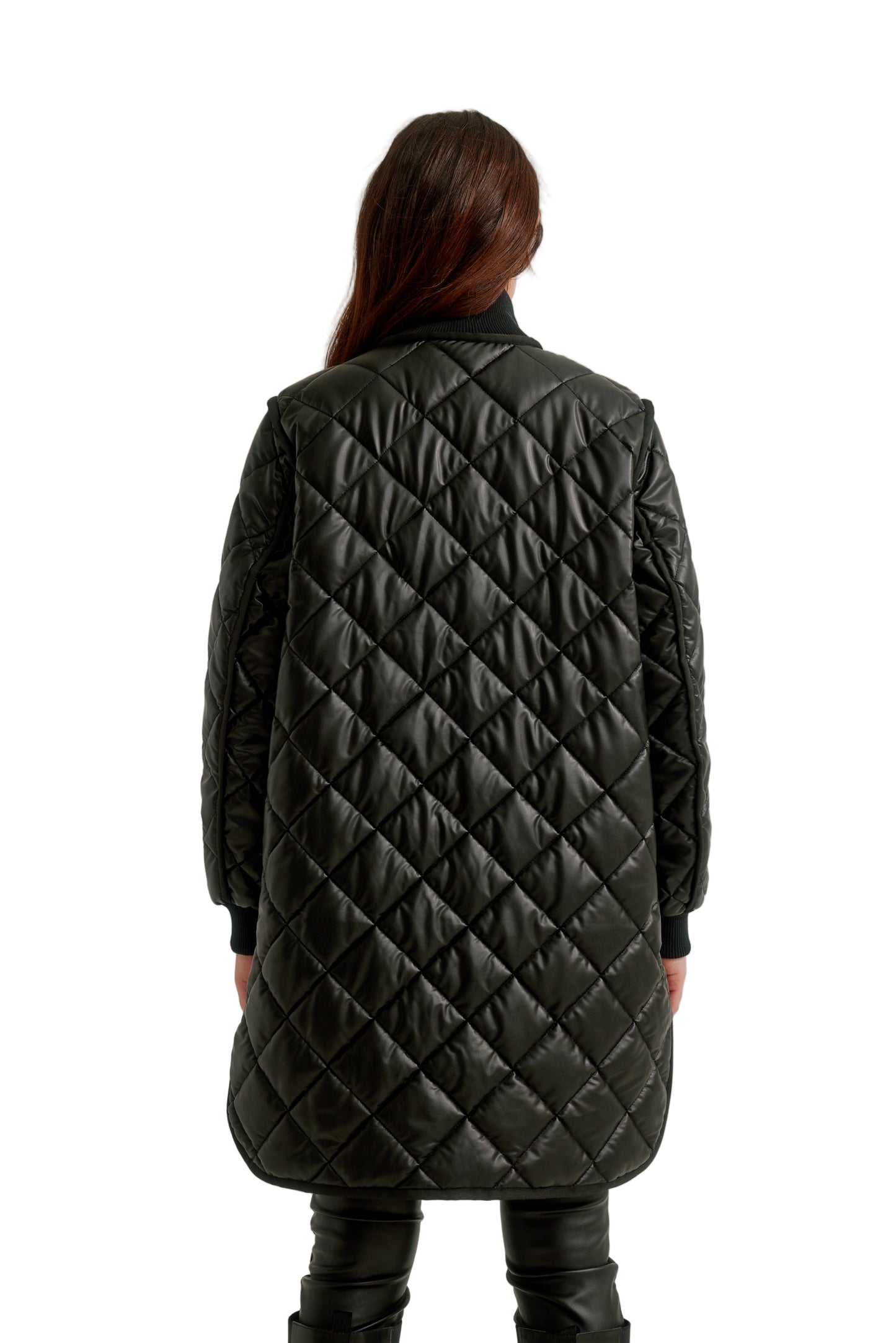 Vegan Leather Zip Front Diamond Quilted Coat