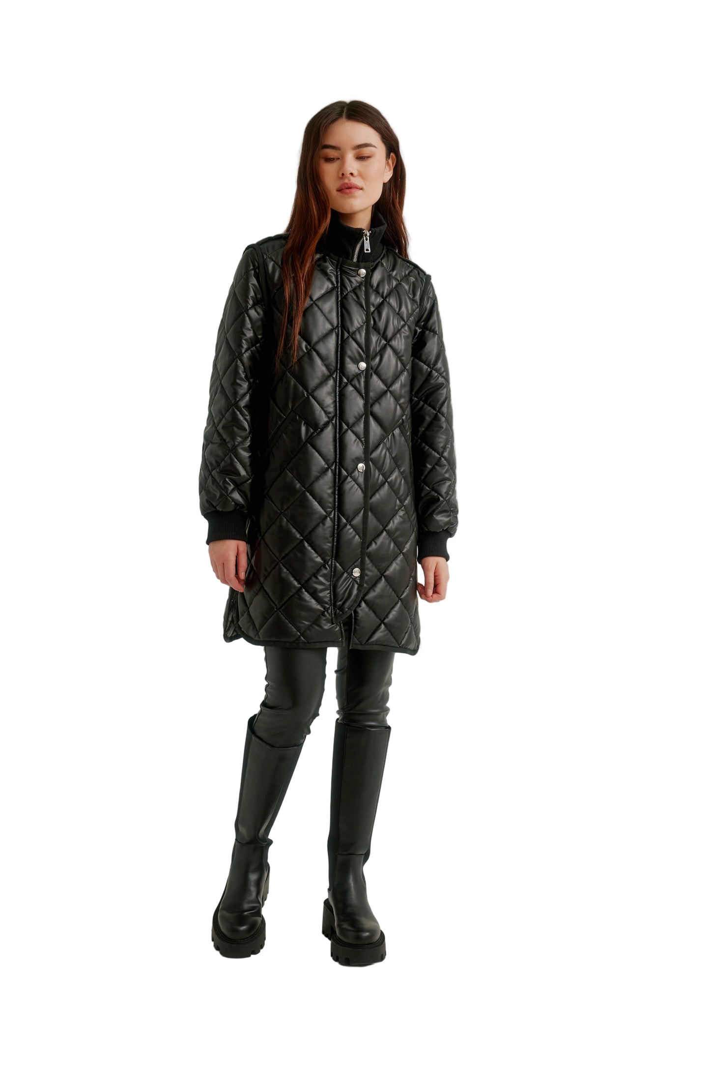 Vegan Leather Zip Front Diamond Quilted Coat
