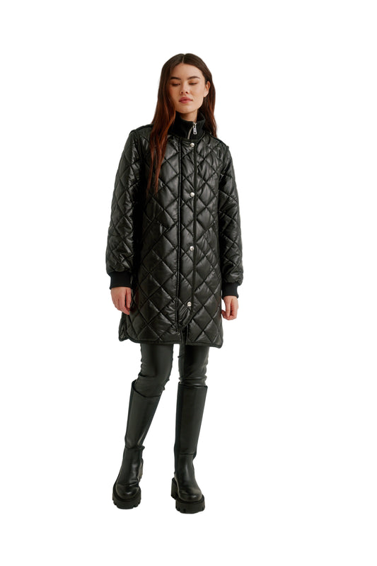Vegan Leather Zip Front Diamond Quilted Coat
