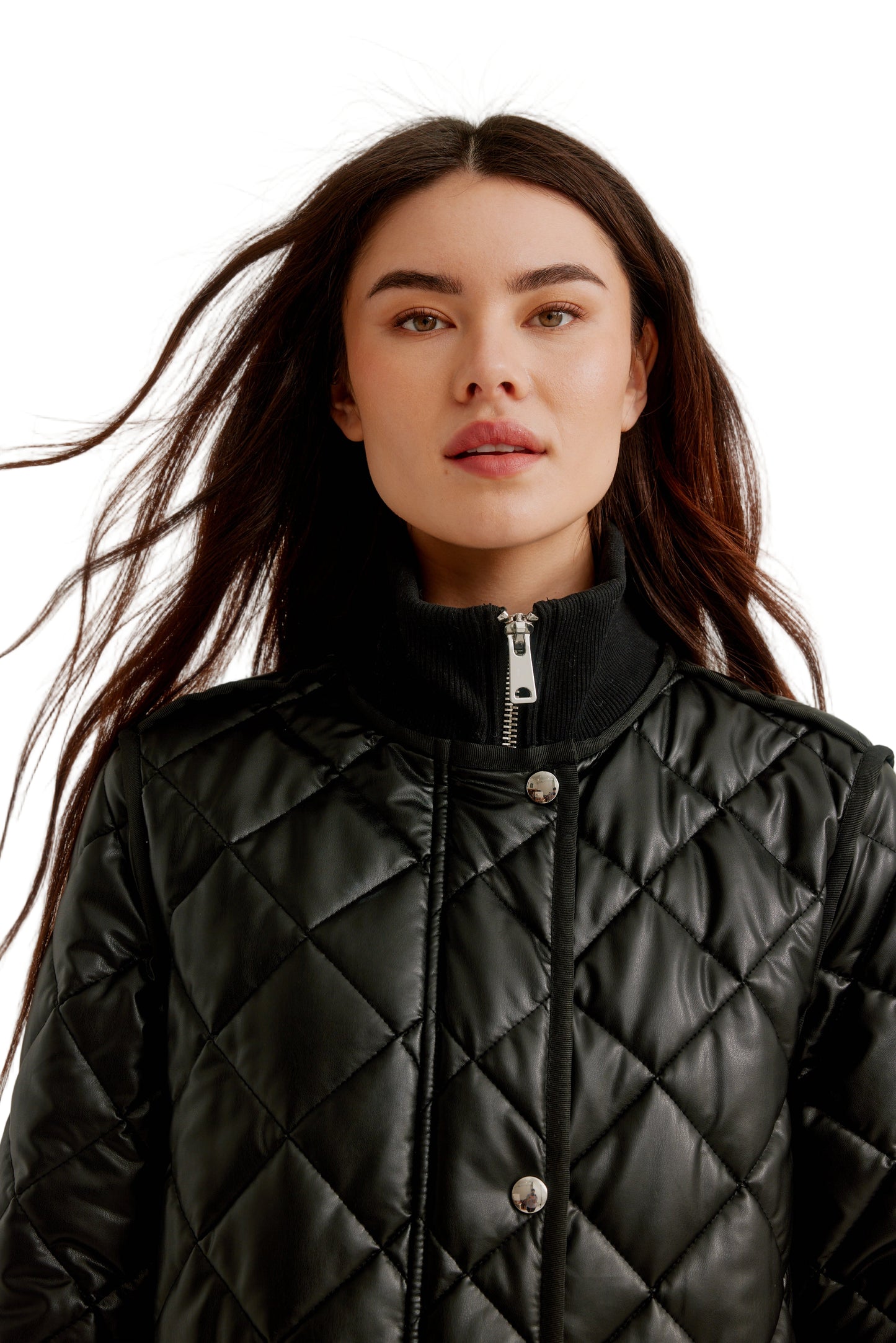 Vegan Leather Zip Front Diamond Quilted Coat