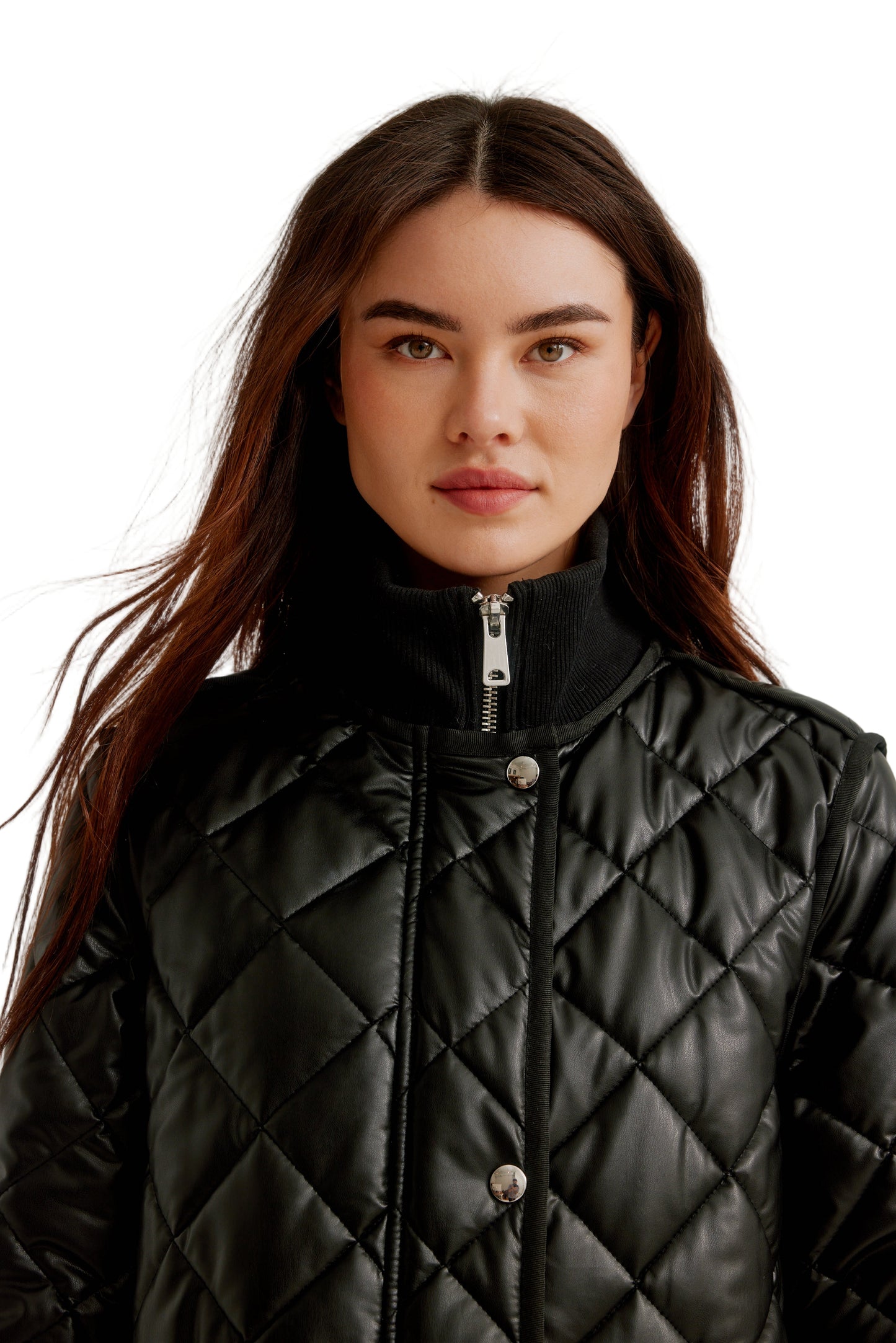 Vegan Leather Zip Front Diamond Quilted Coat