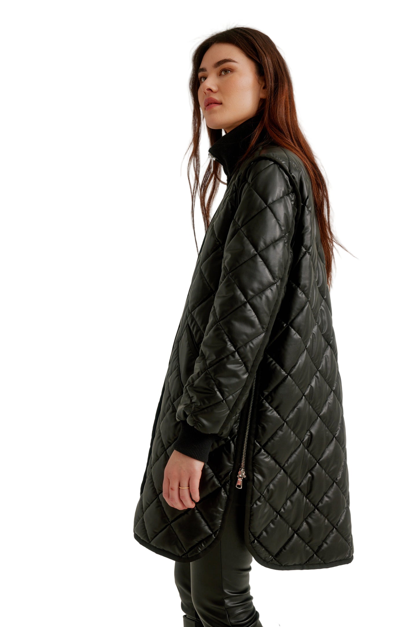 Vegan Leather Zip Front Diamond Quilted Coat