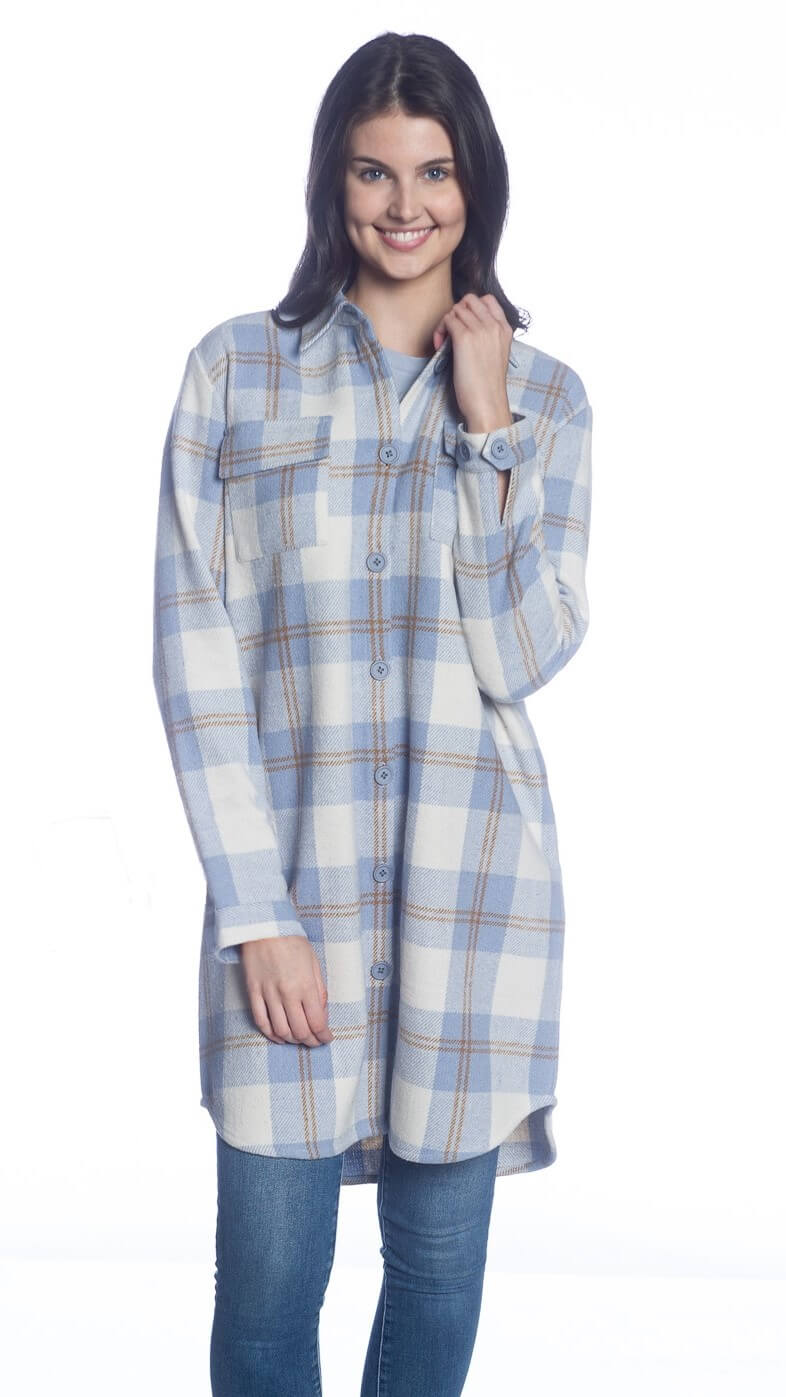 Long Button Shacket - Light Blue Plaid