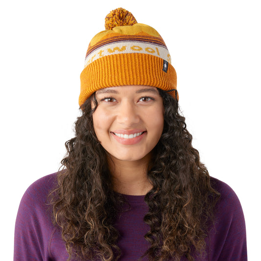 Winter Pattern Pom Beanie - Honey Gold
