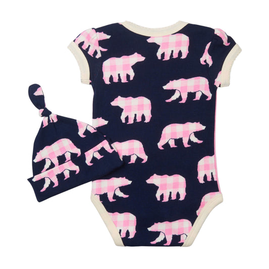 Baby Bear Blue Bodysuit & Hat - Pink