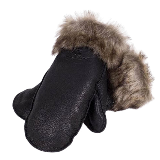 Women's Deerskin Fur Trim Mitts - Black