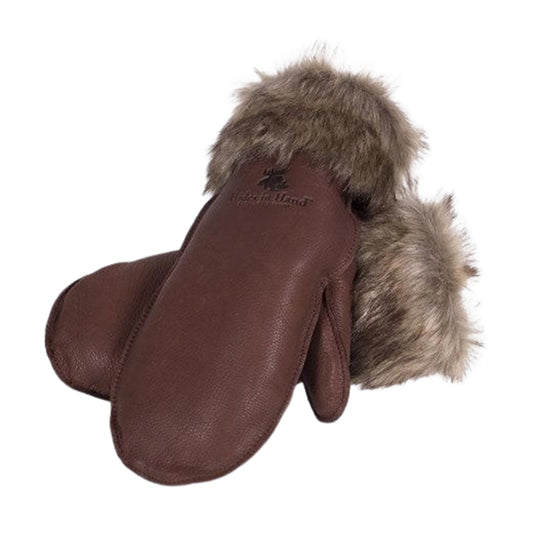 Women's Deerskin Fur Trim Mitts - Brown
