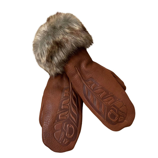 Women's Deerskin Fur Trim Mitts - Feather