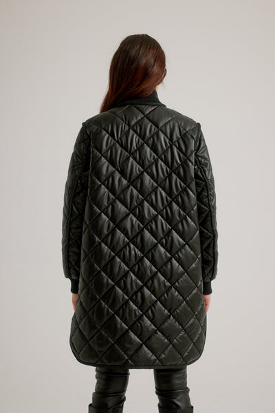 Vegan Leather Zip Front Diamond Quilted Coat