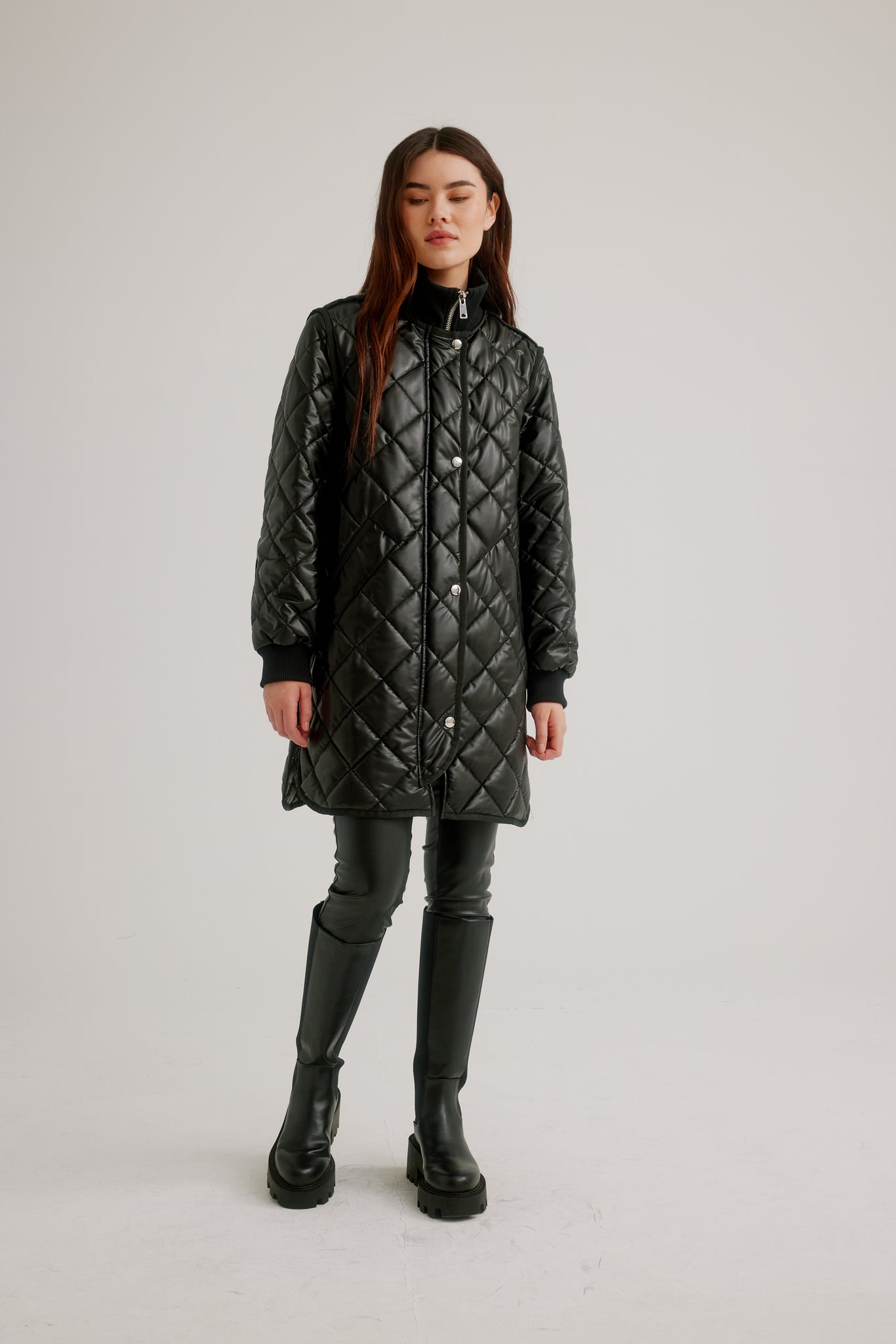 Vegan Leather Zip Front Diamond Quilted Coat