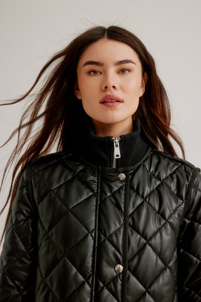 Vegan Leather Zip Front Diamond Quilted Coat