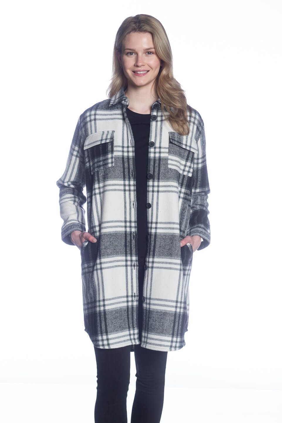 Long Shacket with Buttons - Black Plaid