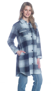 Long Shacket with Buttons - Navy Plaid