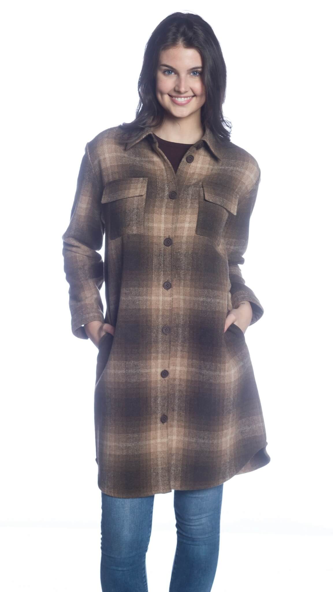 Long Button Shacket - Taupe Plaid