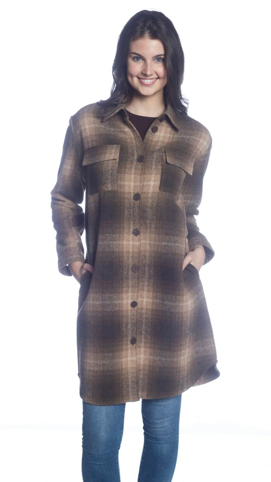 Long Button Shacket - Taupe Plaid
