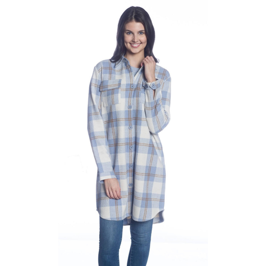 Long Button Shacket - Light Blue Plaid