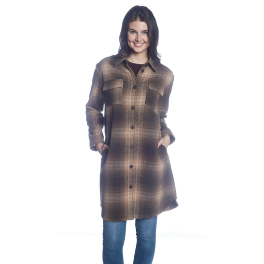 Long Button Shacket - Taupe Plaid