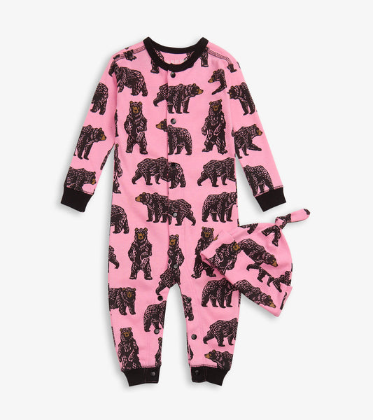 Wild Bears Baby Coverall & Hat - Pink
