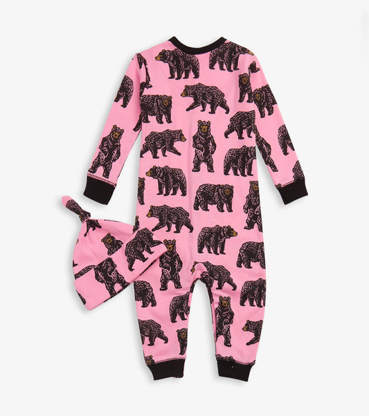Wild Bears Baby Coverall & Hat - Pink
