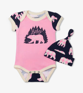 Baby Bear Blue Bodysuit & Hat - Pink