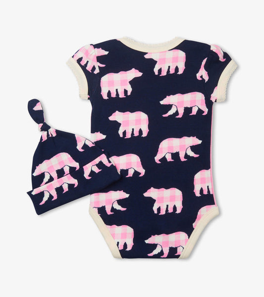 Baby Bear Blue Bodysuit & Hat - Pink