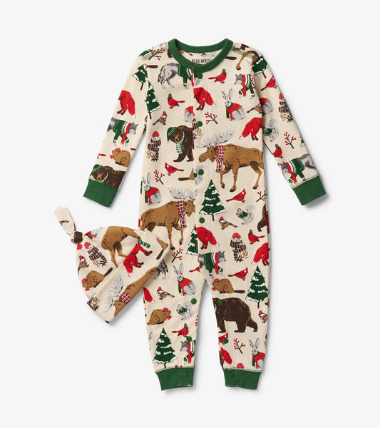 Woodland Winter Baby Coverall & Hat LAST ONE 6-12 MONTHS