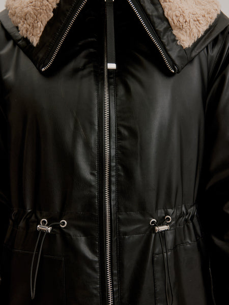 Vegan Leather with Fur Collar Jacket - Black