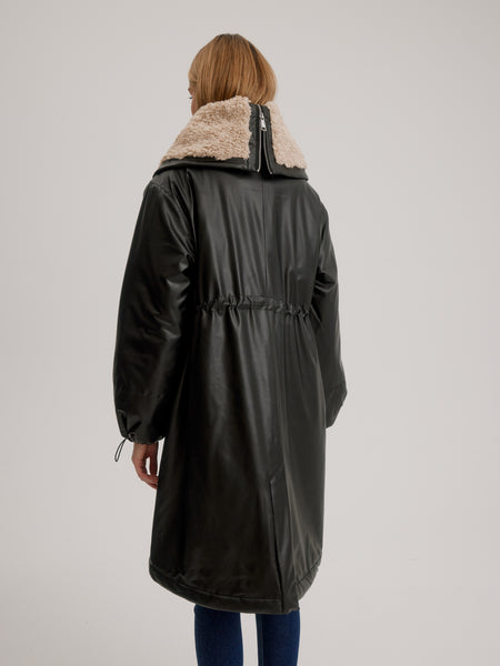 Vegan Leather with Fur Collar Jacket - Black